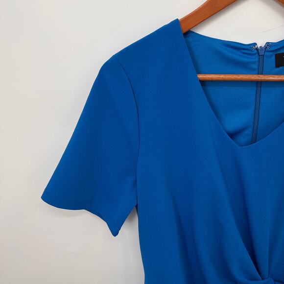 TAHARI ASL Blue Stretch Crepe Side Knot Short Sleeve Knee-Length Dress // 8 - Picture 3 of 12